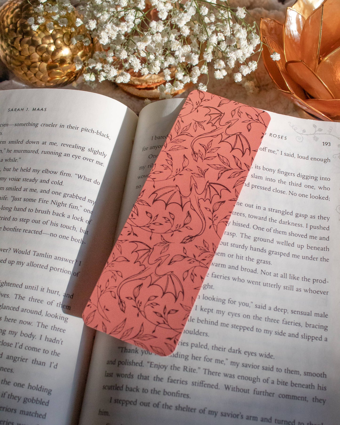 Rose Gold Foil & Coral Floral Dragons Bookmark