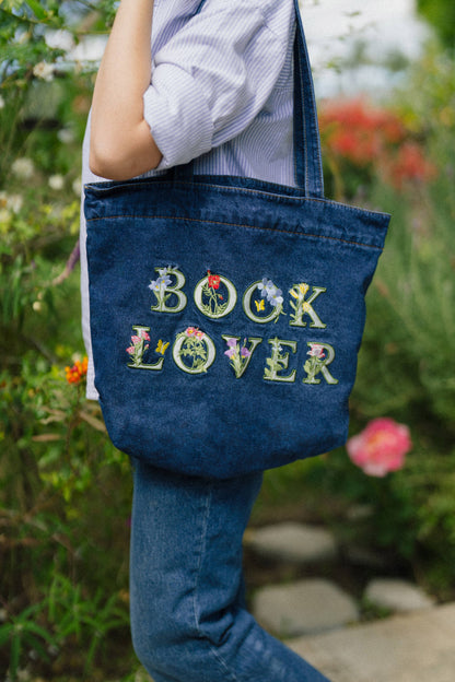 Floral Book Lover Denim Tote Bag