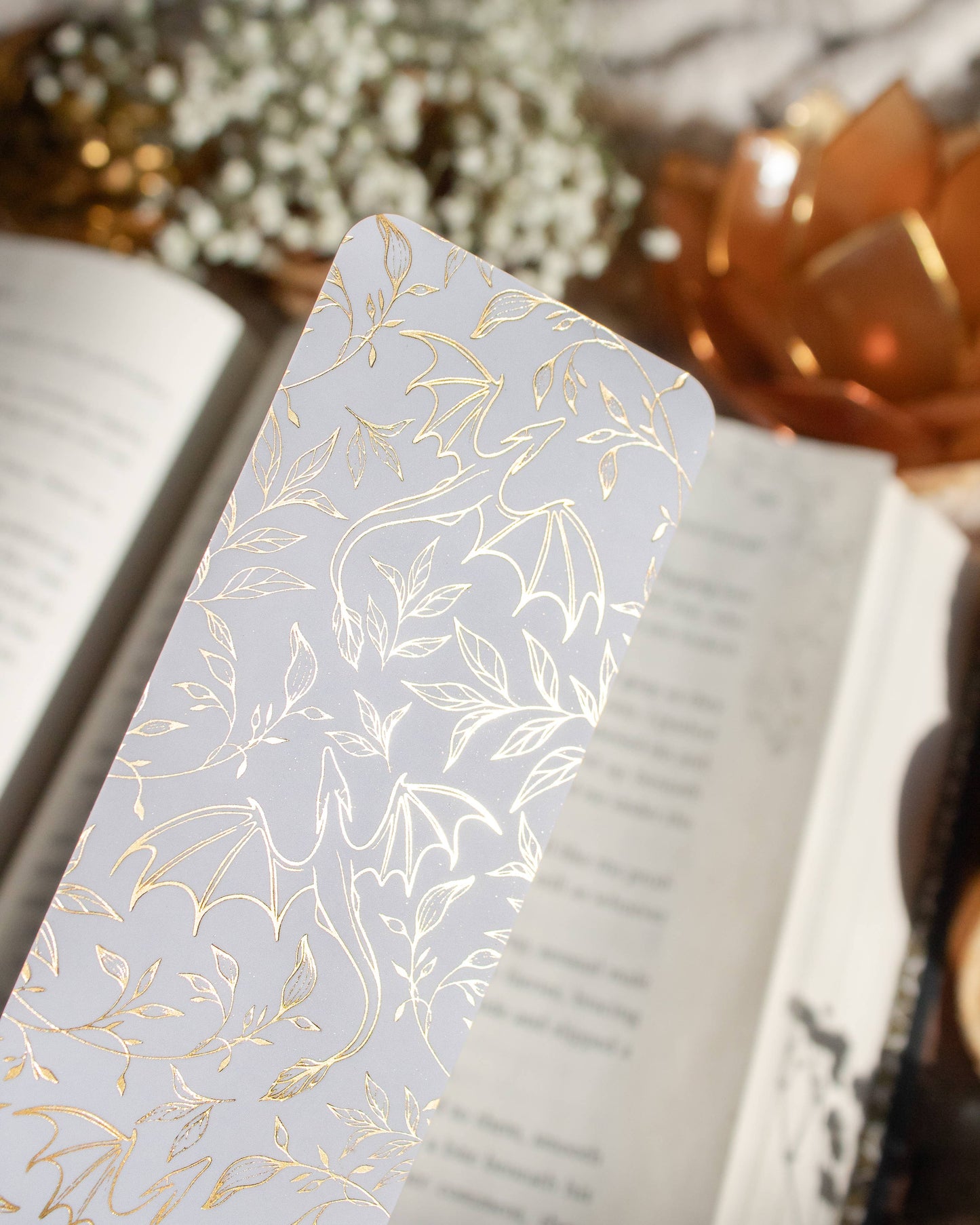 Gold Foil and White Floral Dragons Bookmark