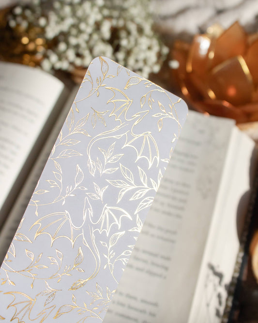 Gold Foil and White Floral Dragons Bookmark