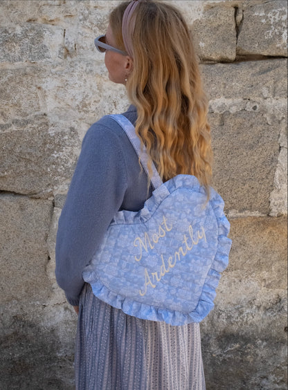 Most Ardently Quilted Heart Bag in Blue Lace Toile