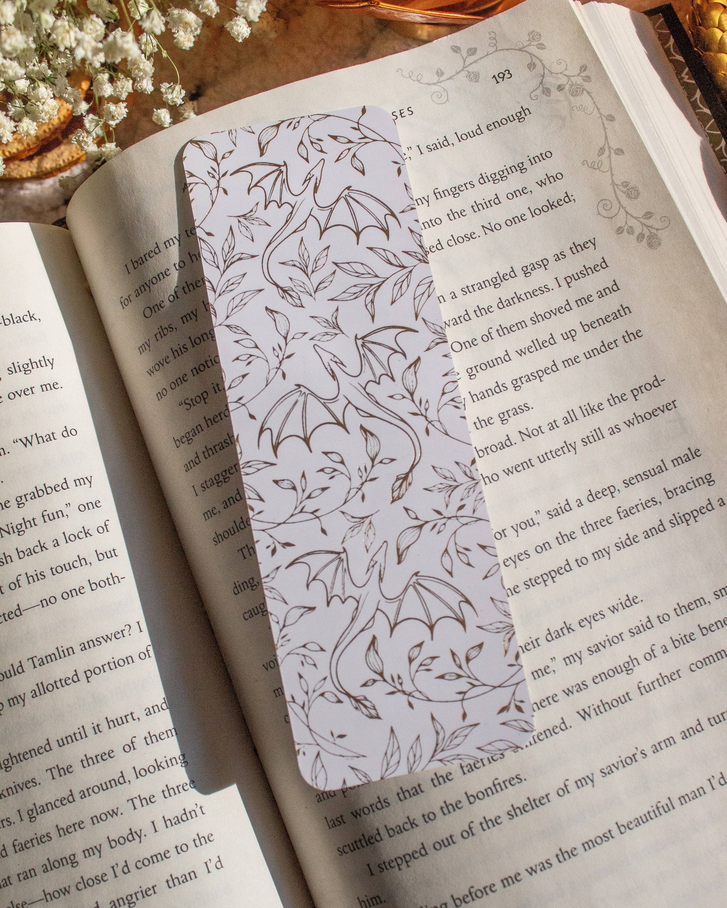 Gold Foil and White Floral Dragons Bookmark