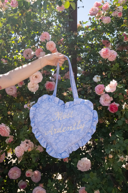 Most Ardently Quilted Heart Bag in Blue Lace Toile