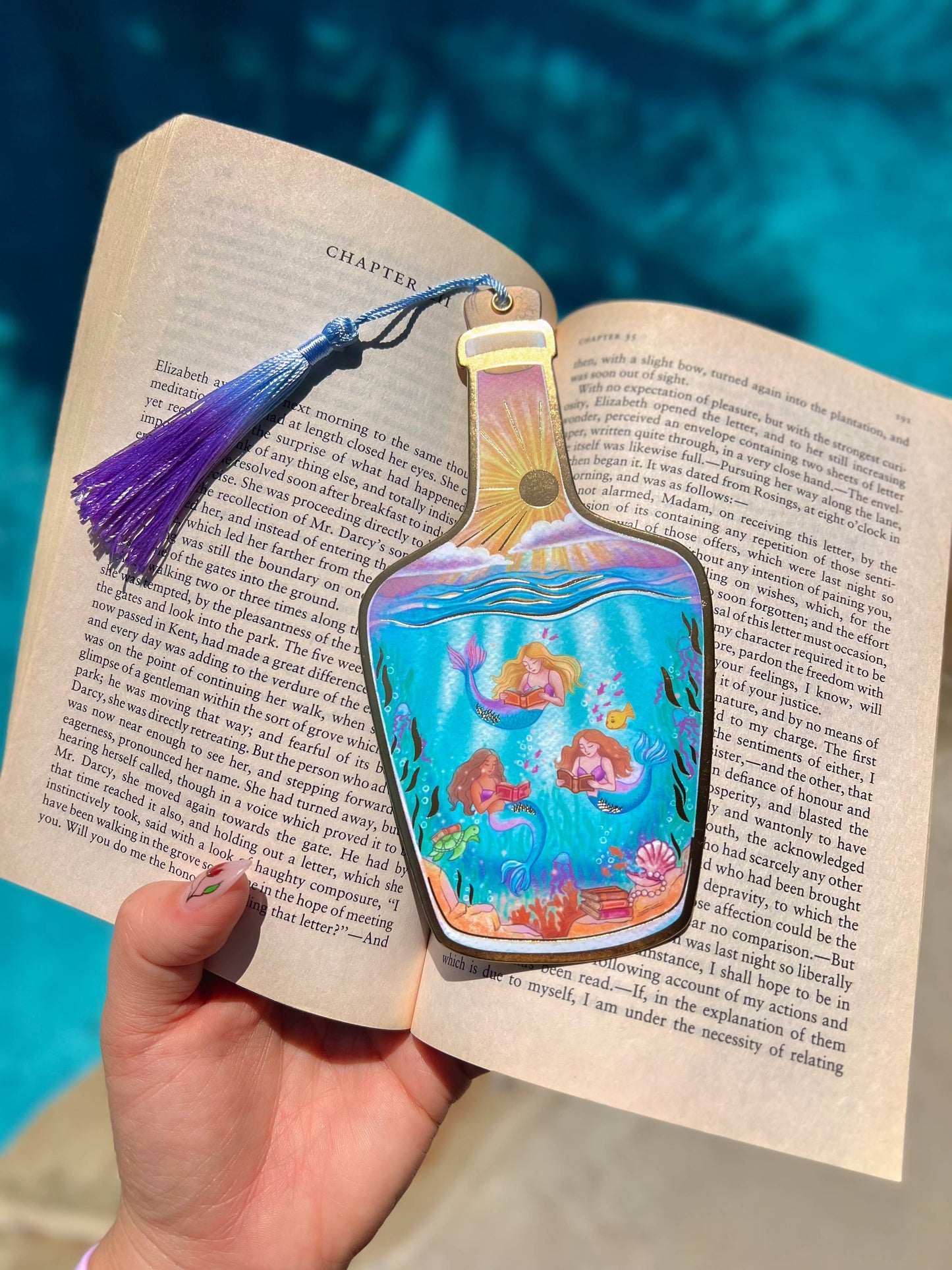 Mermaids Reading Gold Foil Bookmark