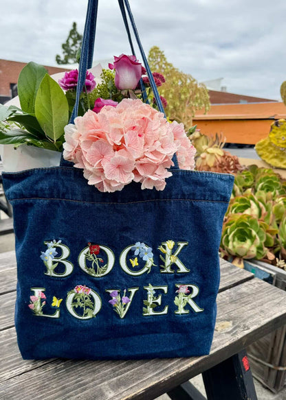 Floral Book Lover Denim Tote Bag