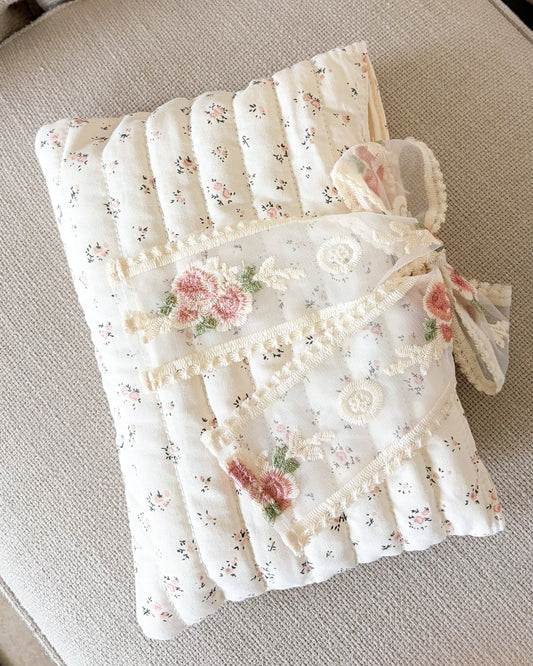 Cream Floral Large Book Sleeve w/ Lace Ribbon